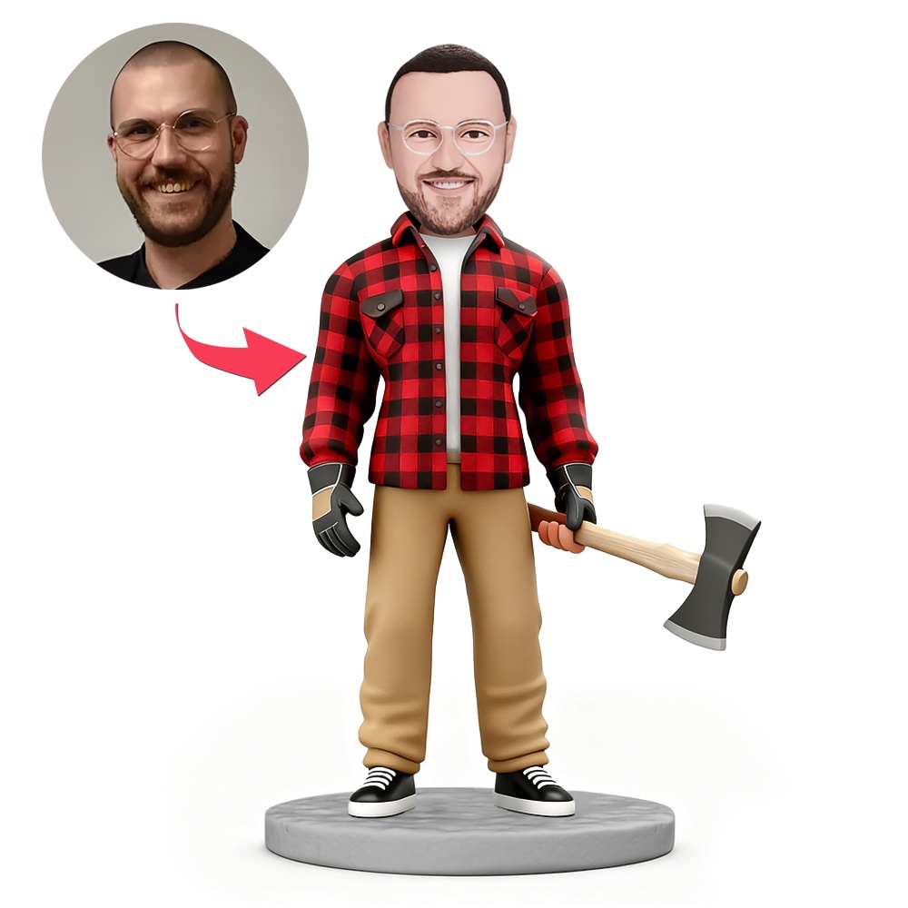 Custom Male Worker in Red Plaid Shirt and Holding an Axe Custom Bobblehead With Engraved Text Gift - MyFaceBobbleheads