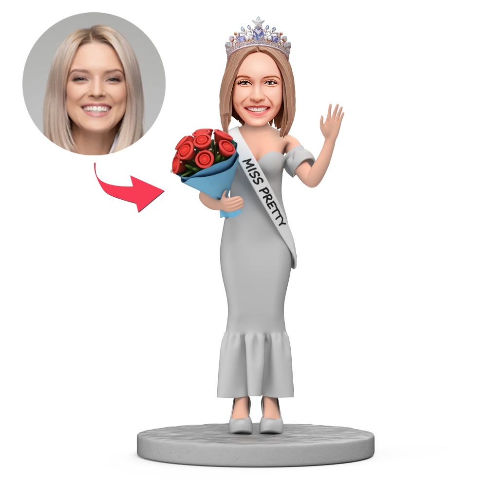 Custom Miss Pretty Wearing a Crown and Holding a Bouquet of Flowers Custom Bobblehead With Engraved Text Gift - MyFaceBobbleheads