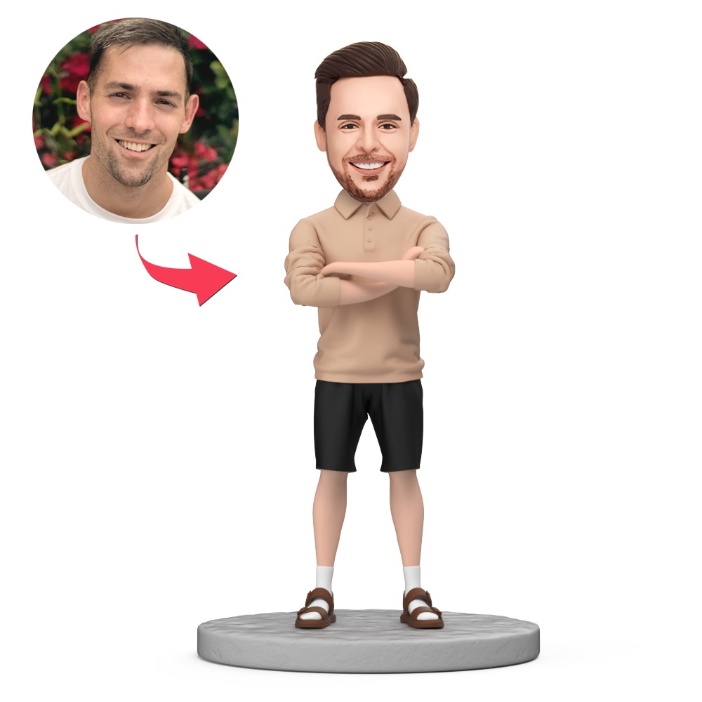 Custom Man With His Arms Crossed Wearing Khaki Top and Black Shorts Custom Bobblehead With Engraved Text Gift - MyFaceBobbleheads