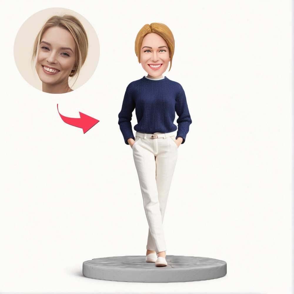 Custom Elegant Woman in Dark Blue Sweater and White Trousers Custom Bobblehead With Engraved Text Gift - MyFaceBobbleheads