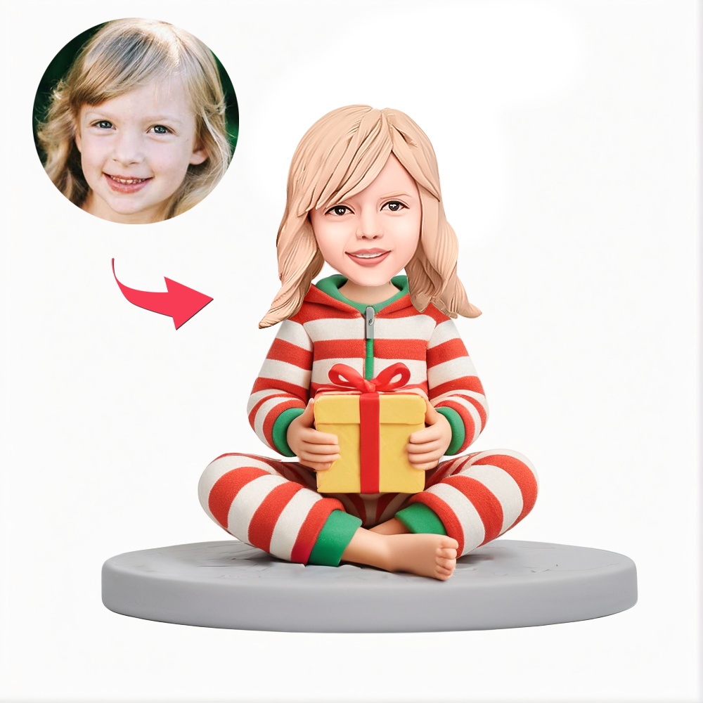Custom Child in Striped Pajama Set Sitting While Holding Gift Box Custom Bobblehead With Engraved Text Gift - MyFaceBobbleheads