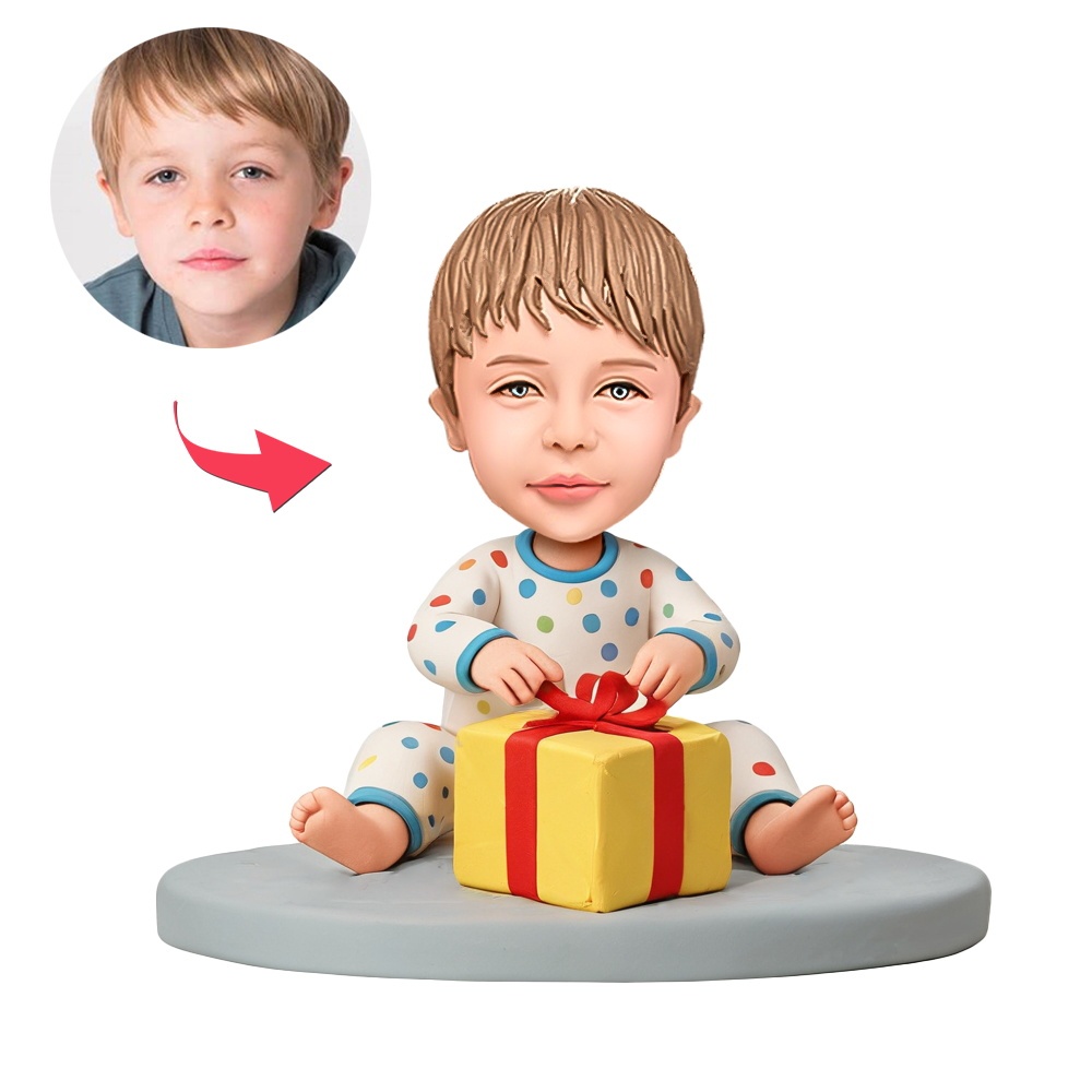 Custom Child in Colorful Polka-dot Pajama Set Sitting While Holding Gift Box Custom Bobblehead With Engraved Text Gift - MyFaceBobbleheads