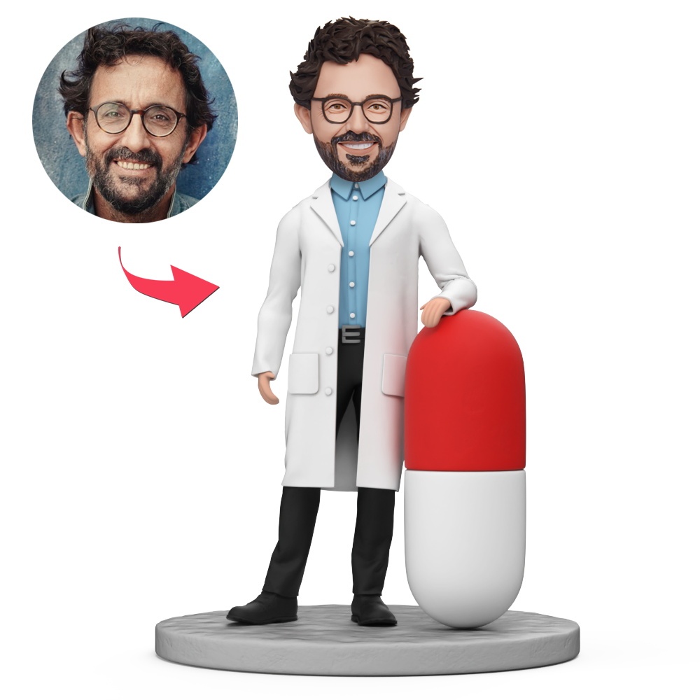 Custom Male Doctor Holding a Big Capsule Model Custom Bobblehead With Engraved Text Gift - MyFaceBobbleheads