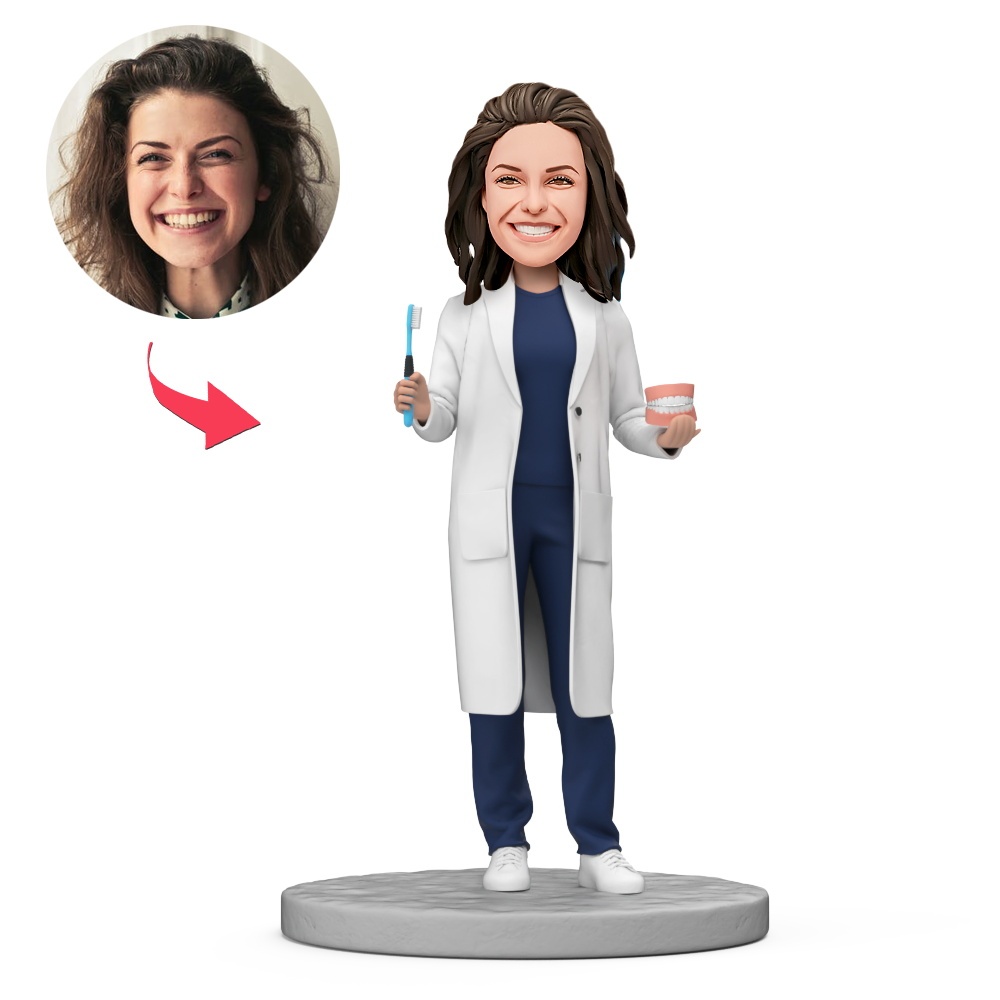Custom Female Doctor Holding Toothbrush and Dental Model Custom Bobblehead With Engraved Text Gift - MyFaceBobbleheads