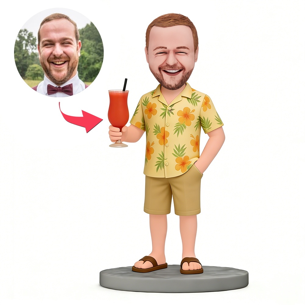 Custom Old Man Wearing a Hawaiian Shirt Holding a Glass of Juice Custom Bobblehead With Engraved Text Gift - MyFaceBobbleheads