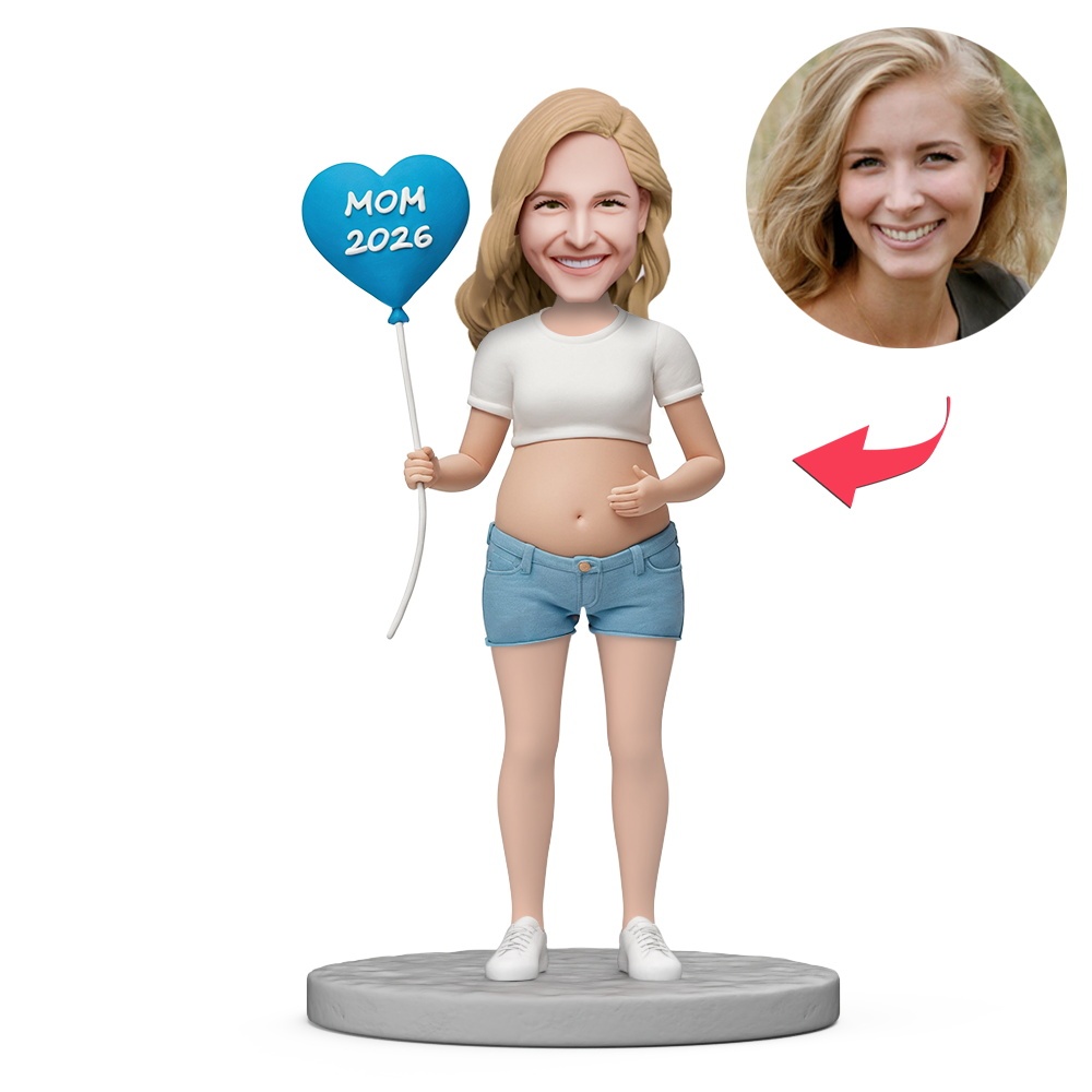 Custom Pregnant Woman Wearing White Top Holding a Balloon With Mom 2026 Written on It Custom Bobblehead With Engraved Text Gift - MyFaceBobbleheads
