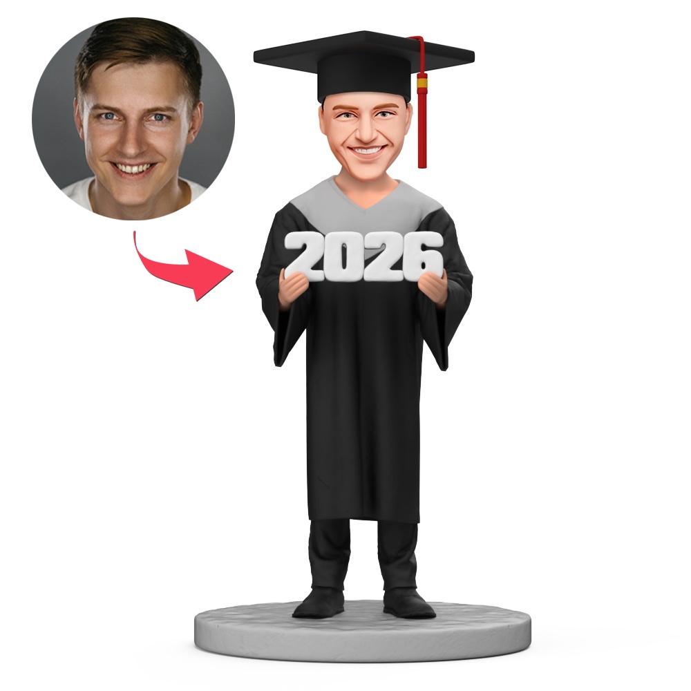 Custom Male Graduates Wearing Academic Gowns 2026 Custom Bobblehead With Engraved Text Gift - MyFaceBobbleheads