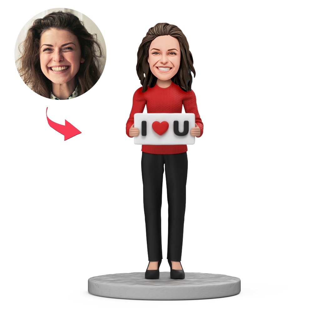 Woman Hold Up A Sign Expressing Her Love Custom Bobblehead With Engraved Text Gift