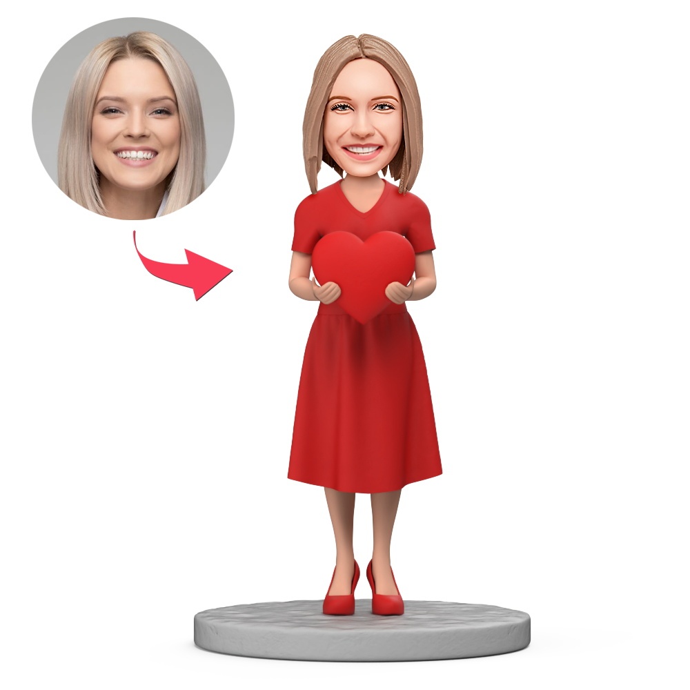 Girl in Dress Holding A Heart Custom Bobblehead With Engraved Text Gift