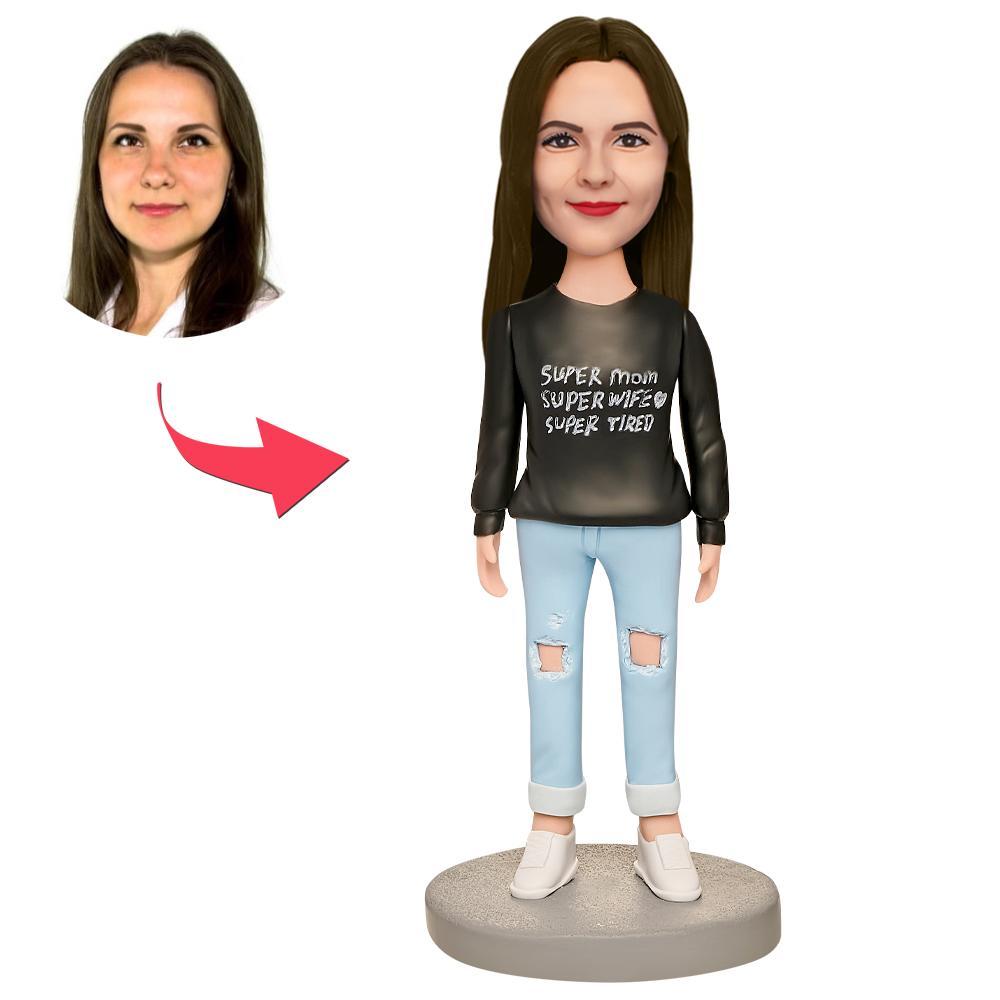 Mother's Day Gift Super Mom, Super Wife, Super Tired Custom Bobblehead with Engraved Text
