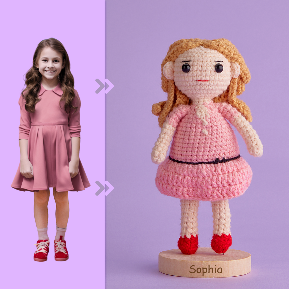 Full Body Customizable 1 Person Custom Crochet Doll Personalized Gifts Handwoven Mini Dolls - Girl in Pink Skirt - Myphotowallet