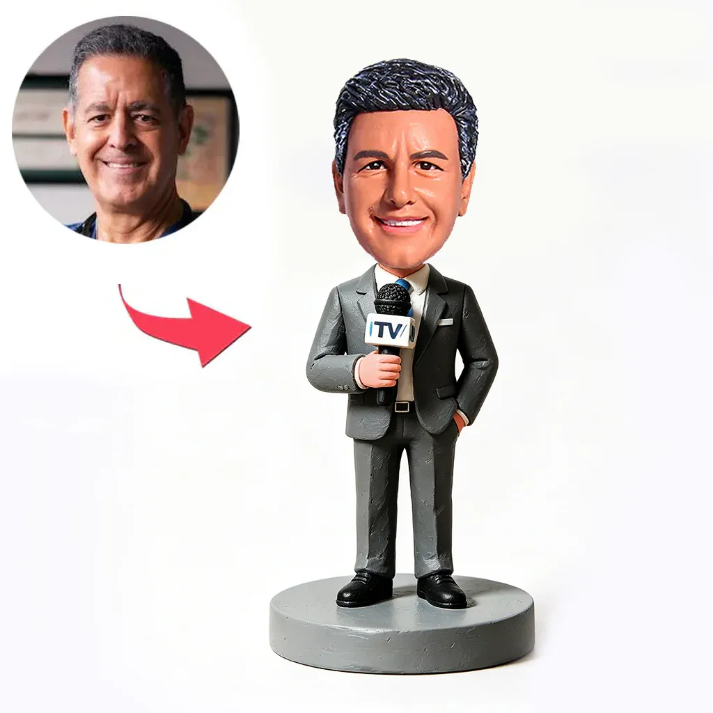 Male TV Announcer Holding Microphone, Custom Bobblehead Engraved with Text