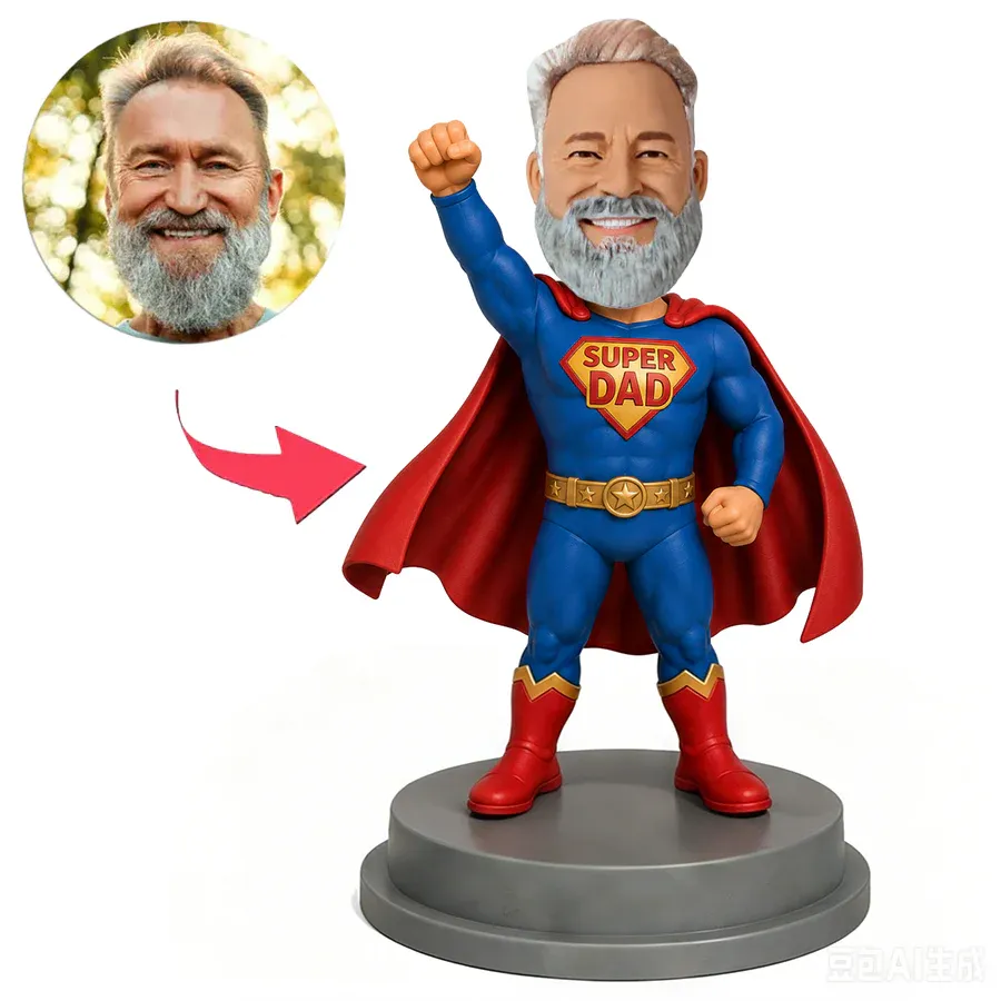 Male Super Dad Hero Raising Fist, Custom Bobblehead Engraved with Text, Gift for Dad