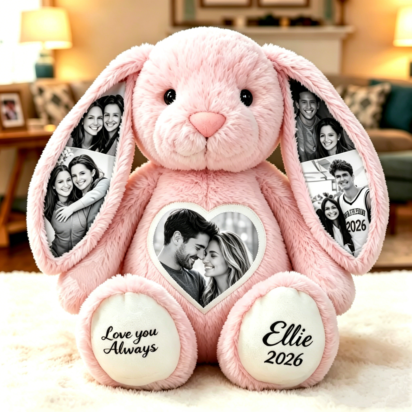 Custom Heart Photo Bunny Plush – Personalized Hidden Ear Picture Bunny Custom Text Anniversary Gift for Couples - MyFaceBobbleheads