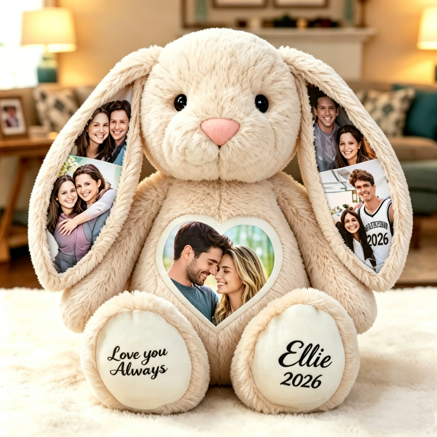 Custom Heart Photo Bunny Plush – Personalized Hidden Ear Picture Bunny Custom Text Anniversary Gift for Couples - MyFaceBobbleheads