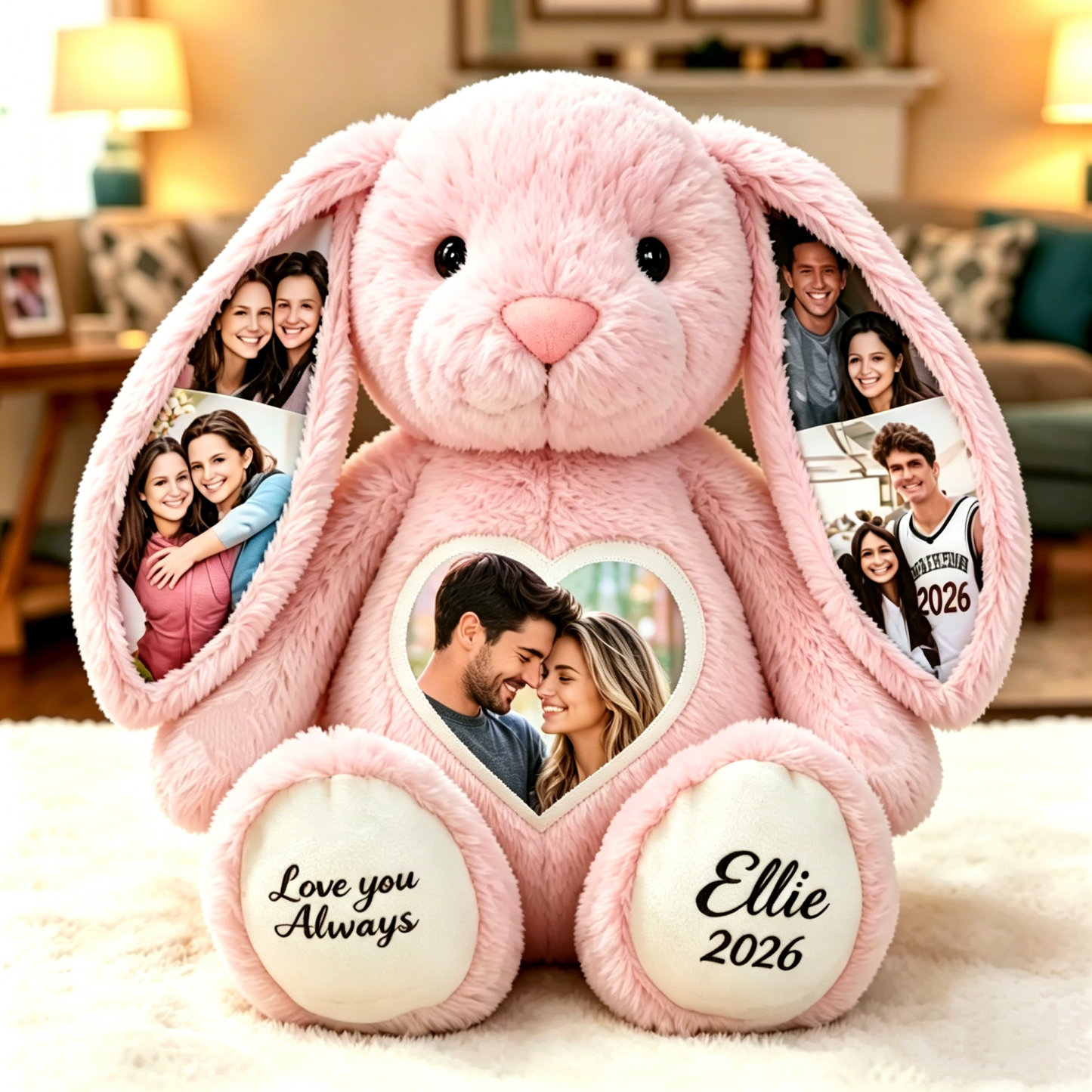 Custom Heart Photo Bunny Plush – Personalized Hidden Ear Picture Bunny Custom Text Anniversary Gift for Couples - MyFaceBobbleheads