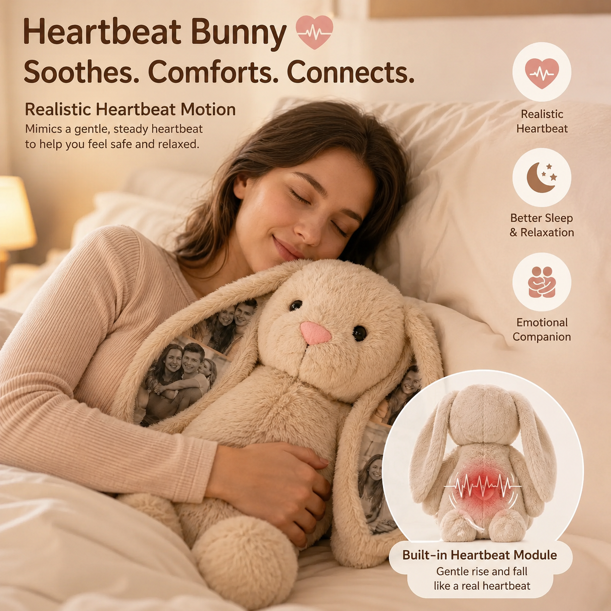 Custom Heartbeat Memory Bunny Plush – Custom Photo Bunny with Realistic Heartbeat Module, Comfort & Sleep Companion Gift for Couples - MyFaceBobbleheads