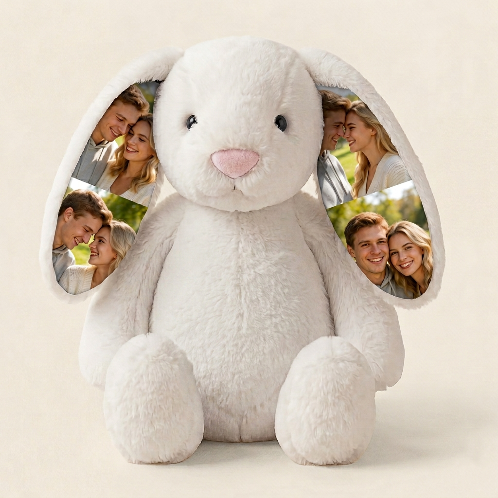 Custom Photo Couple Bunny Plush Personalized Hidden Ear Picture Bunny Gift for Couples Anniversary Gifts - MyFaceBobbleheads