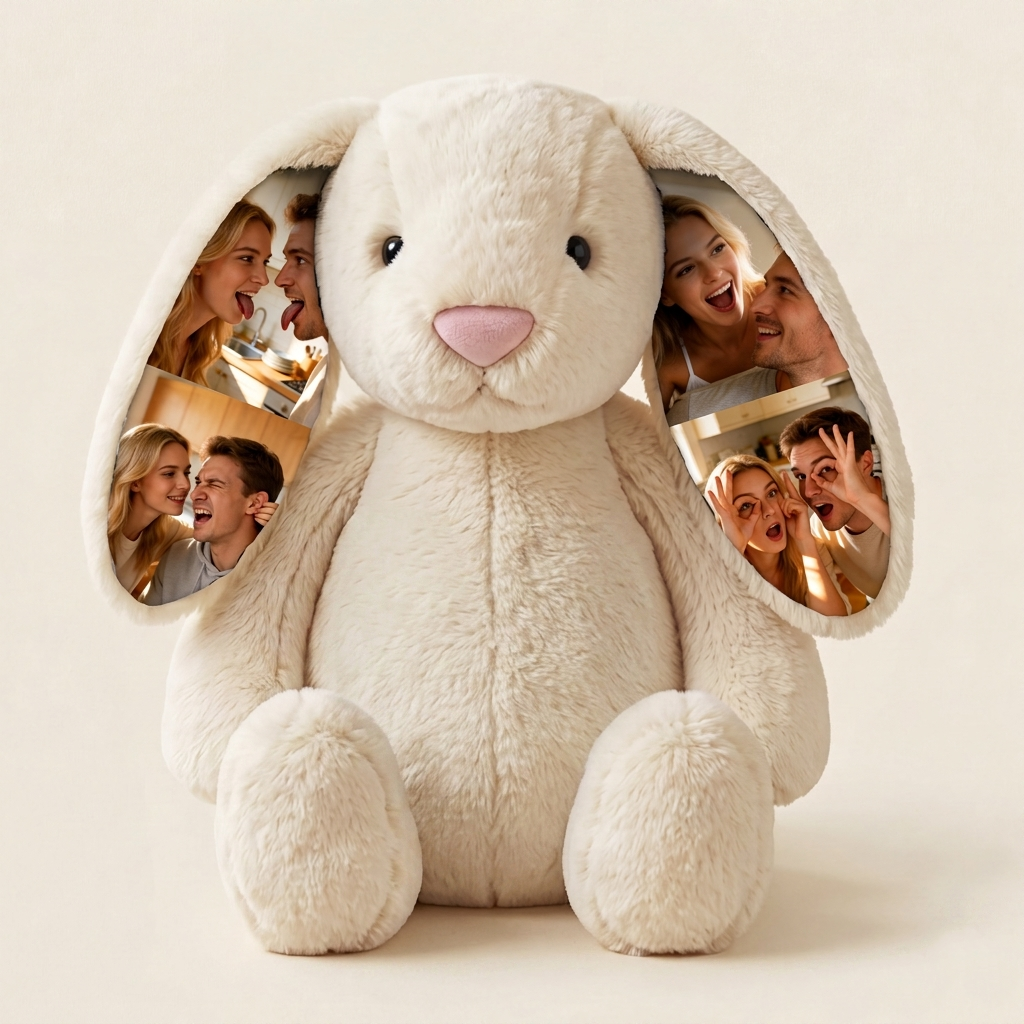 Custom Photo Couple Bunny Plush Personalized Hidden Ear Picture Bunny Gift for Couples Anniversary Gifts - MyFaceBobbleheads