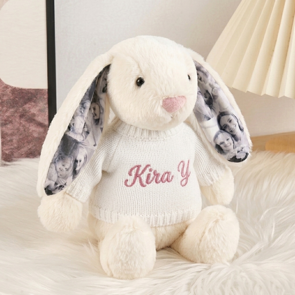 Custom Photo Couple Bunny Plush Personalized Hidden Ear Picture Bunny Gift for Couples Anniversary Gifts - MyFaceBobbleheads