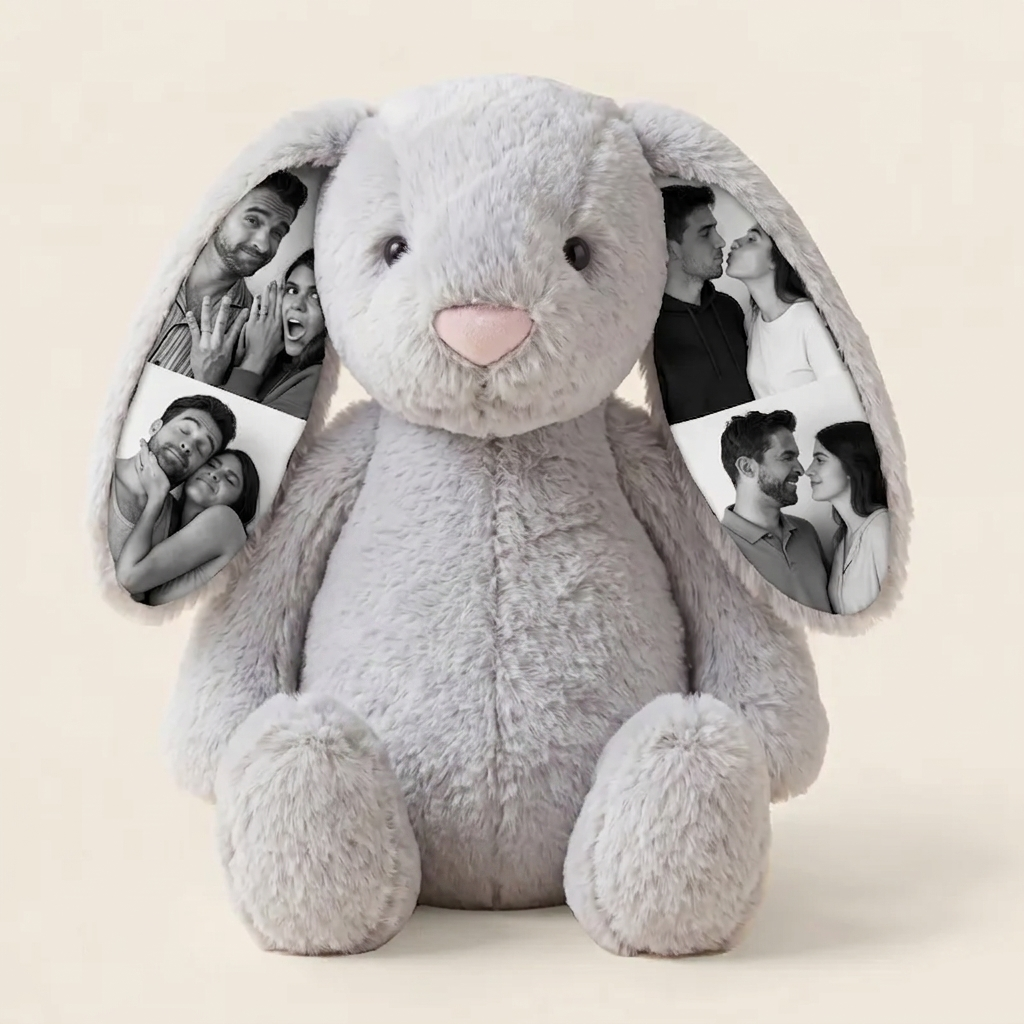 Custom Photo Couple Bunny Plush Personalized Hidden Ear Picture Bunny Gift for Couples Anniversary Gifts - MyFaceBobbleheads