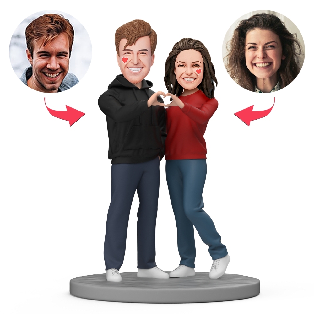 Valentine's Day Gifts Couple Wear Black and Red Clothes Custom Bobblehead with Engraved Text