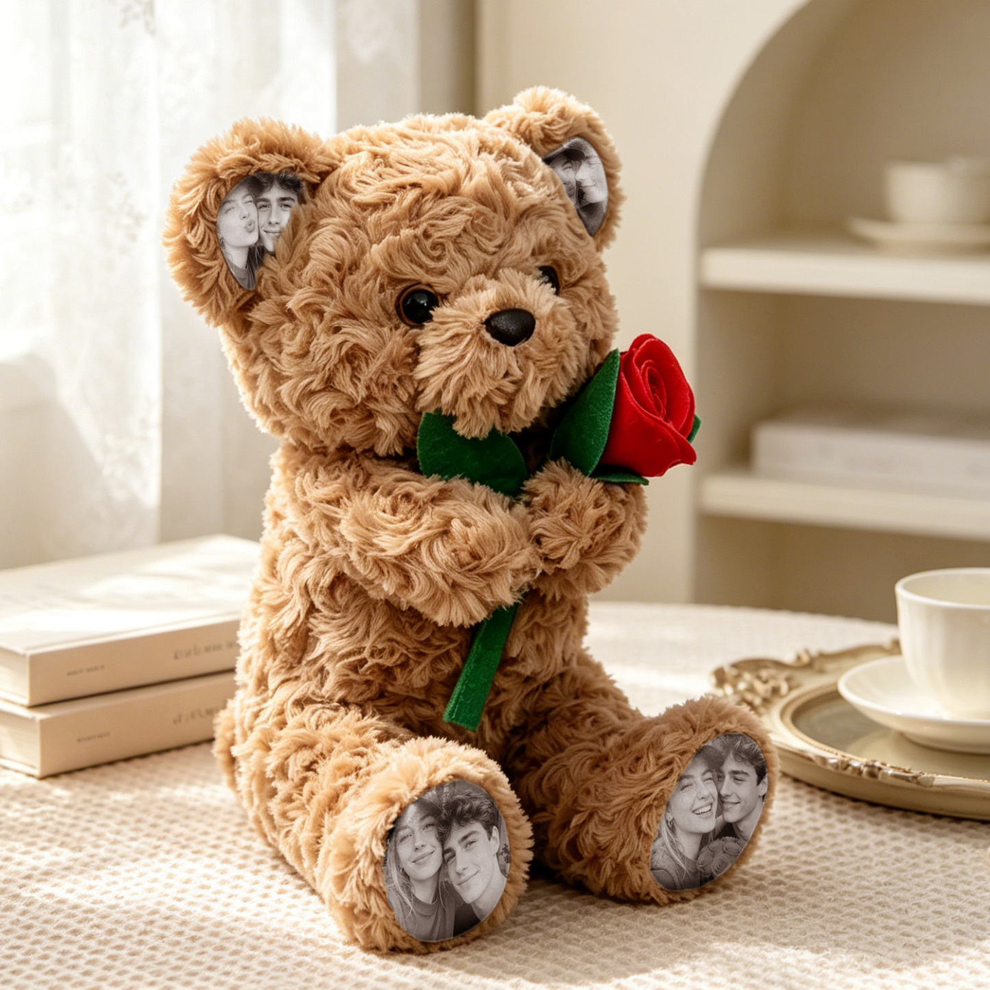 Custom Photo Teddy Bear with Rose Personalized Plush Bear with Pictures on Ears & Feet, Romantic Gift for Valentine's Day, Anniversary, Birthday - MyFaceBobbleheads