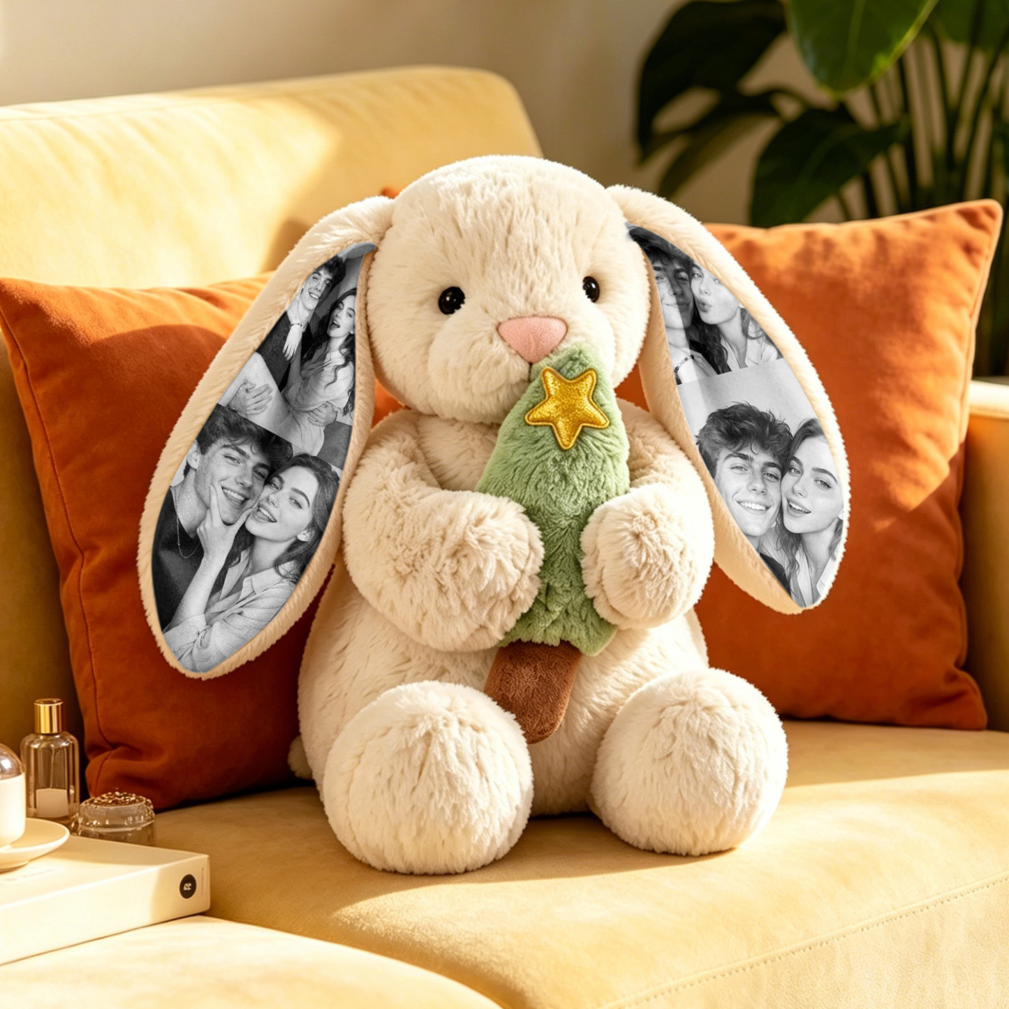 Custom Photo Pumpkin Bunny Plush Personalized Hidden Ear Picture Bunny Gift for Couples Anniversary Gifts - MyFaceBobbleheads