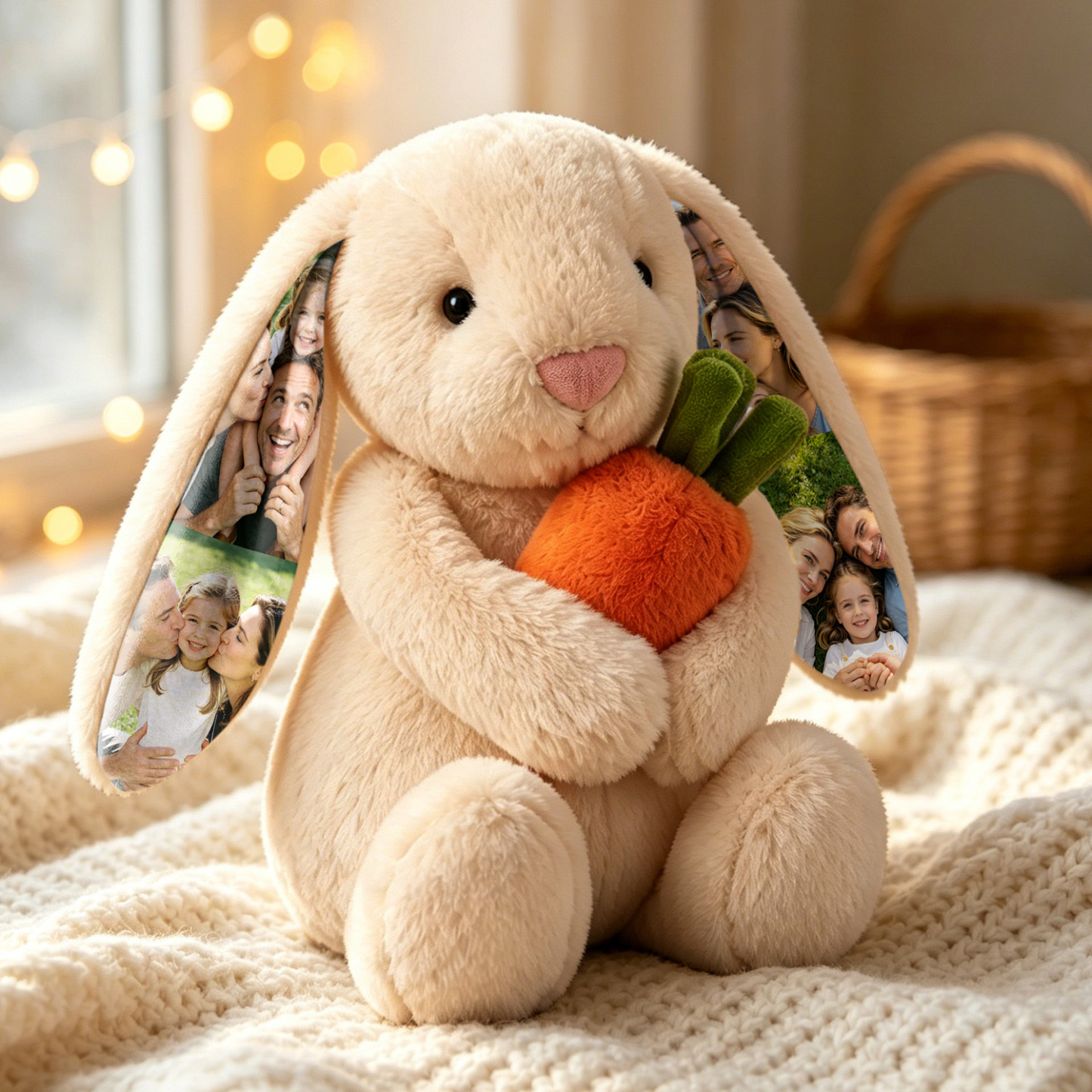 Custom Photo Carrot Bunny Plush Personalized Hidden Ear Picture Bunny Gift for Couples Anniversary Gifts - MyFaceBobbleheads