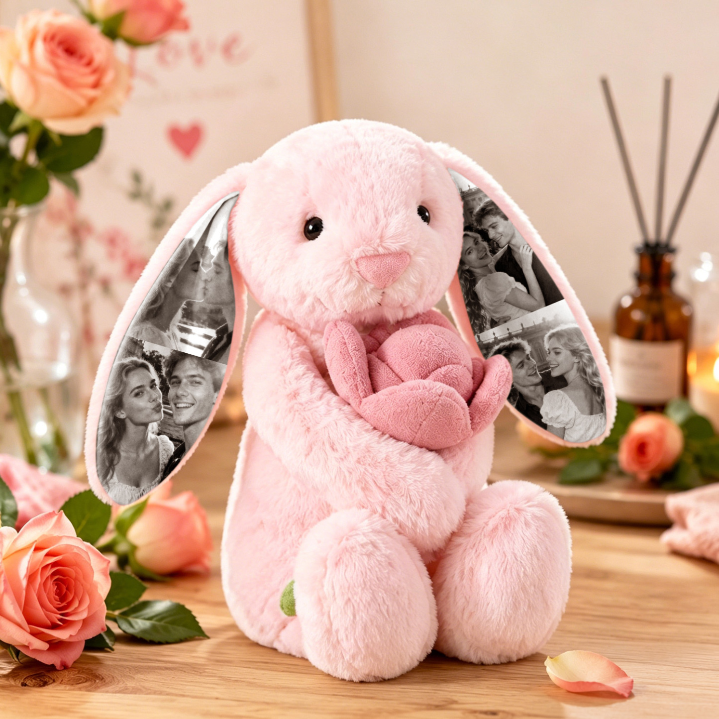 Custom Photo Carrot Bunny Plush Personalized Hidden Ear Picture Bunny Gift for Couples Anniversary Gifts - MyFaceBobbleheads
