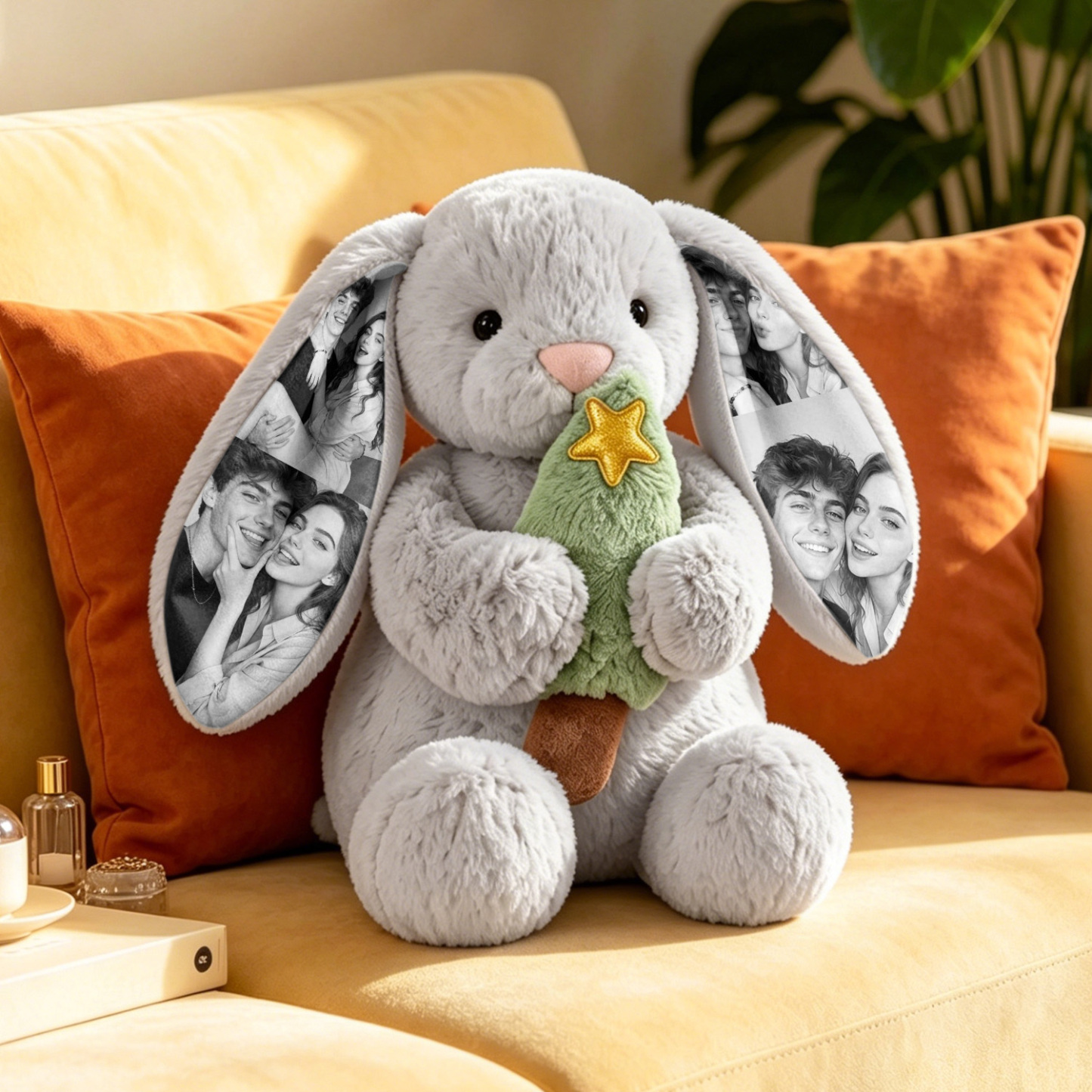 Custom Photo Pumpkin Bunny Plush Personalized Hidden Ear Picture Bunny Gift for Couples Anniversary Gifts - MyFaceBobbleheads