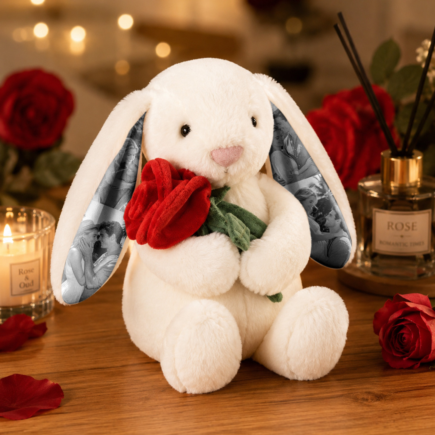 Custom Photo Carrot Bunny Plush Personalized Hidden Ear Picture Bunny Gift for Couples Anniversary Gifts - MyFaceBobbleheads