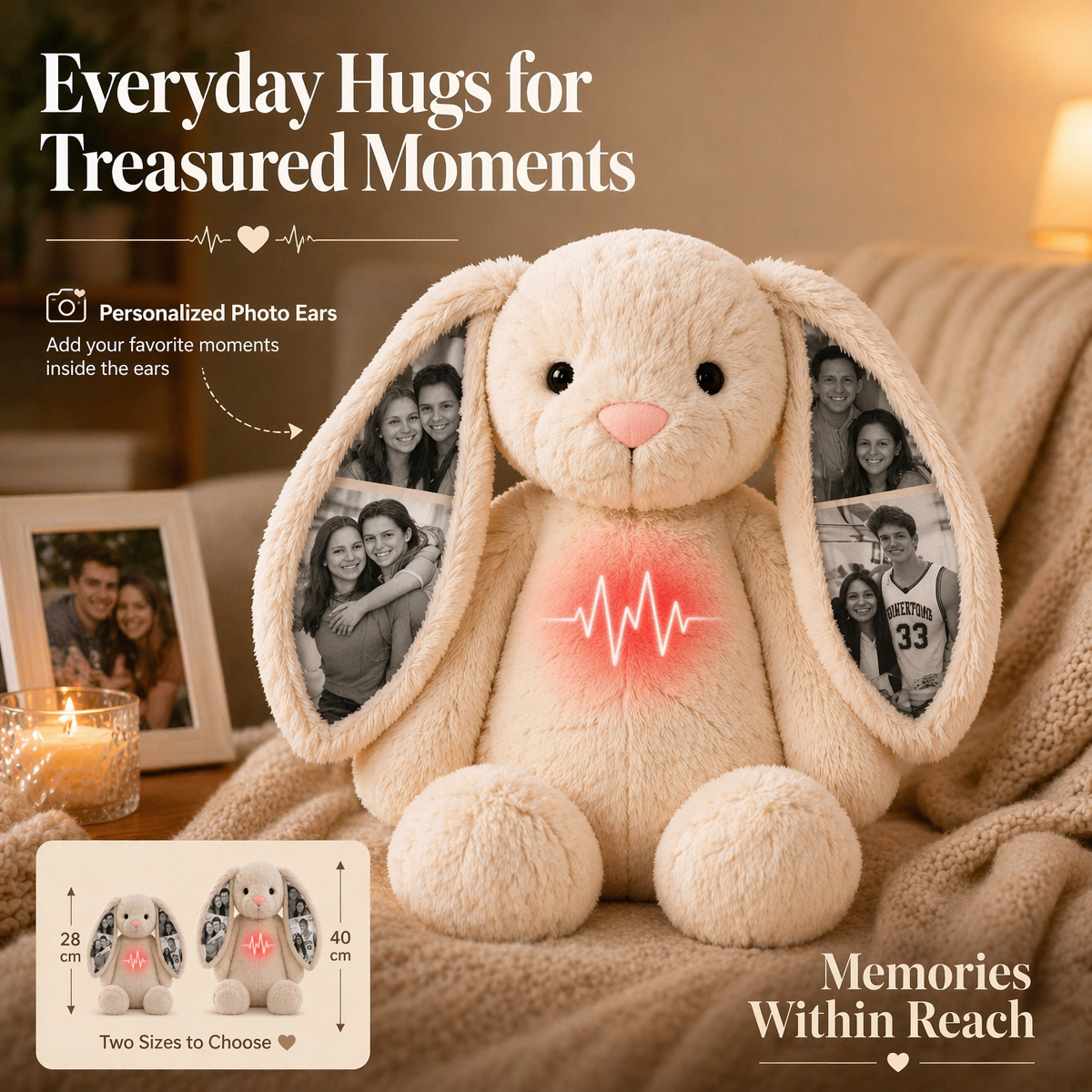 Custom Heartbeat Memory Bunny Plush – Custom Photo Bunny with Realistic Heartbeat Module, Comfort & Sleep Companion Gift for Couples - MyFaceBobbleheads