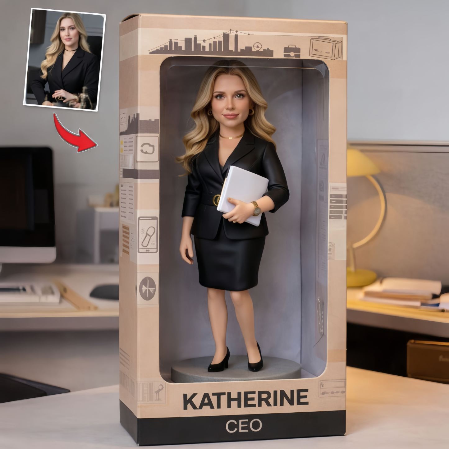 Fully Body Customizable 1 Person in Gift Box, Custom Business Bobbleheads With Engraved Text, Unique Gift Idea