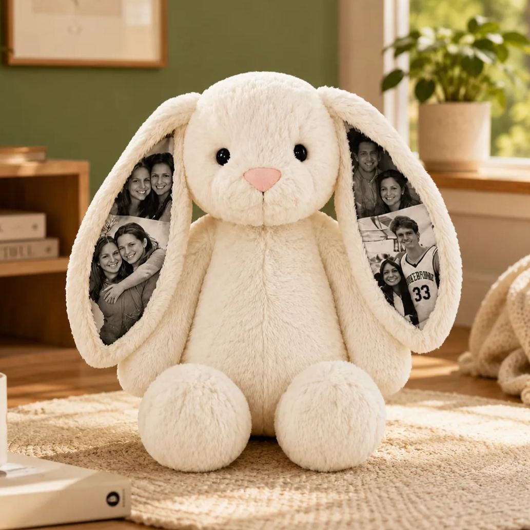 Custom Photo Couple Bunny Plush Personalized Hidden Ear Picture Bunny Gift for Couples Anniversary Gifts - MyFaceBobbleheads