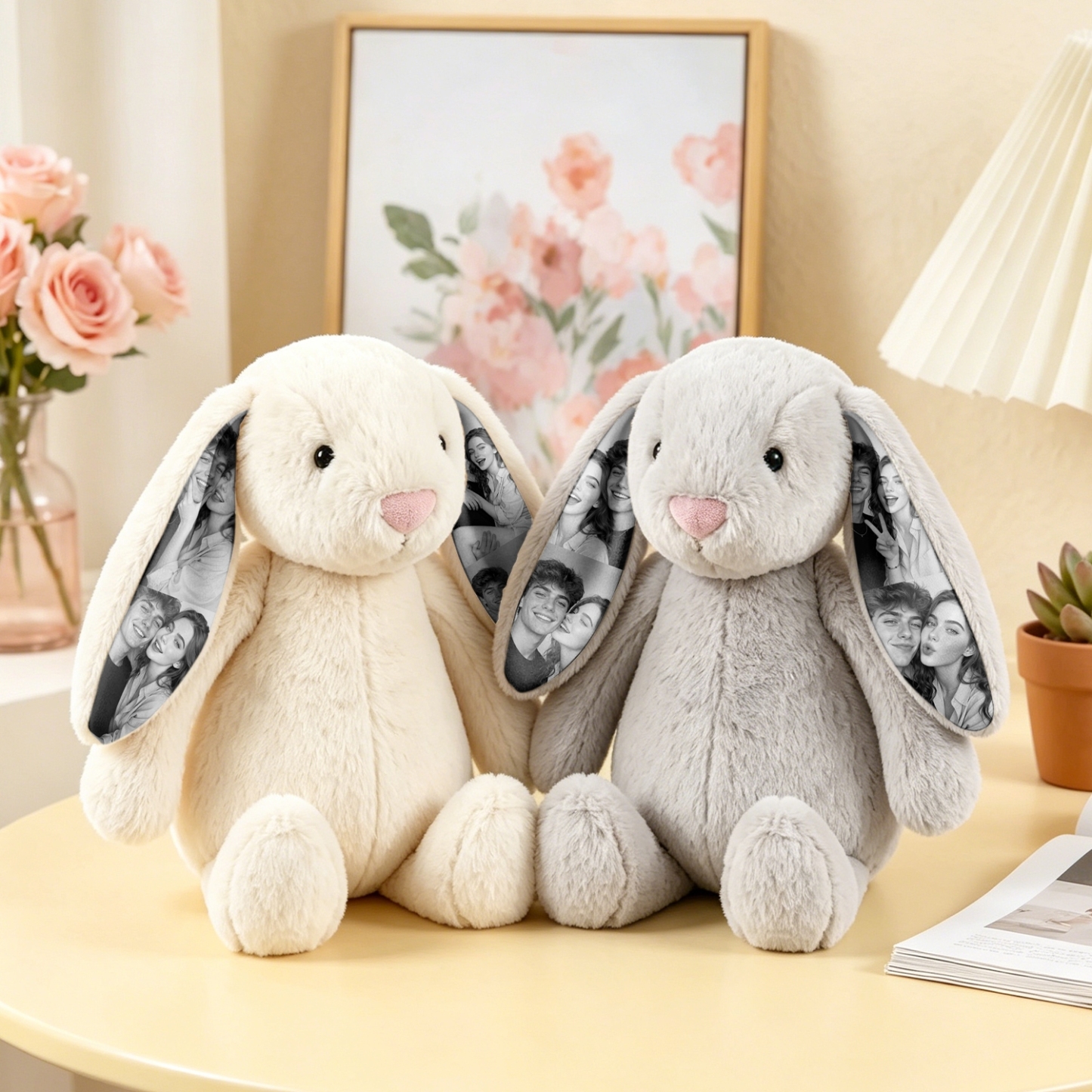 Custom Photo Couple Bunny Plush Personalized Hidden Ear Picture Bunny Gift for Couples Anniversary Gifts - MyFaceBobbleheads