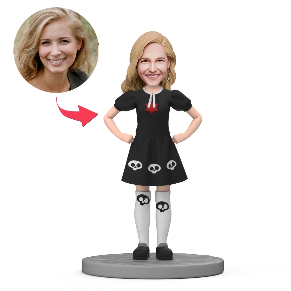 Quirky Woman Wearing a Skirt with Skulls Custom Bobblehead with Engraved Text - MyFaceBobbleheads