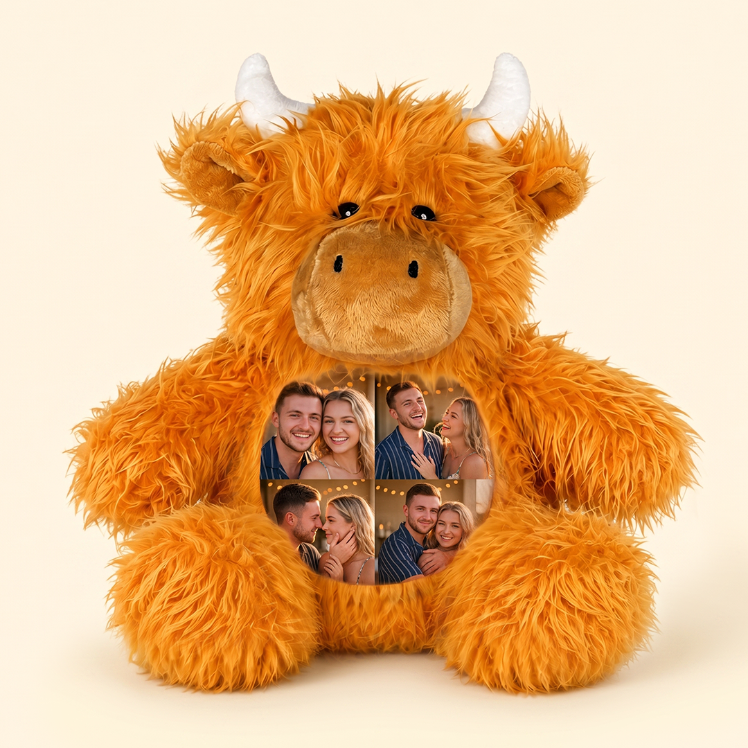 Custom Photo Highland Cow Plush, Personalized Picture Collage Highland Cow Stuffed Animal Toy, Fluffy Cow Plushie, Couple Anniversary Gift for Her Him - MyFaceBobbleheads