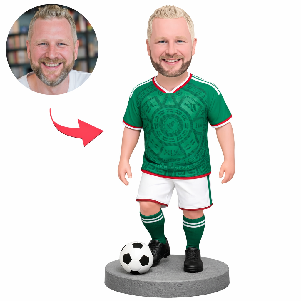 Personalized Mexico Style Soccer Bobblehead from Photo, Custom Bobblehead Engraved with Text