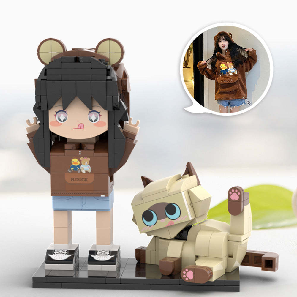 Ganzkörper-anpassbare Niedliche Ziegelfiguren, Personalisierte Niedliche Ziegelfiguren Mit Katze, Kleinem Partikelblockspielzeug - MyCustomBrickheadz