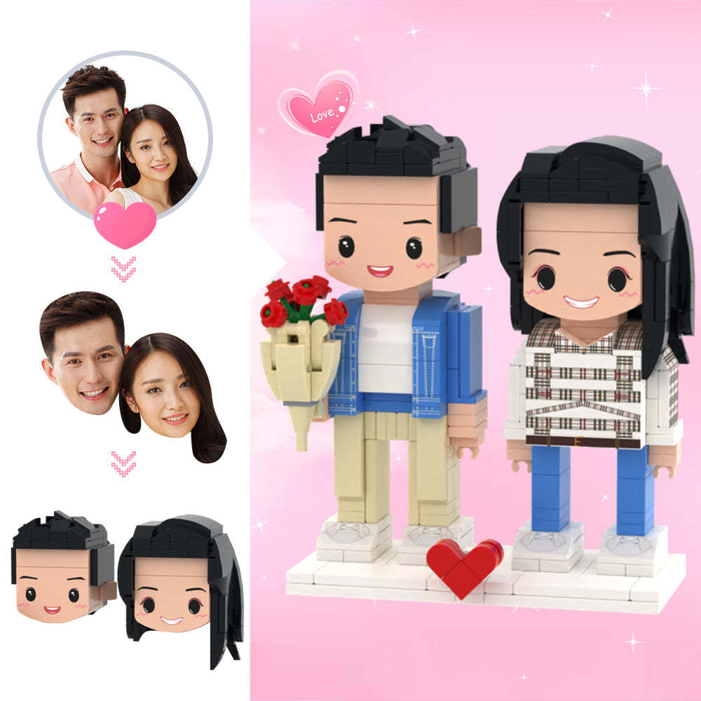Benutzerdefinierter Kopf, Niedliche Ziegelfiguren, Personalisierbar, 2 Personen, Niedliche Ziegelfiguren, Paar Mit Rosa Ziegelfiguren - MyCustomBrickheadz