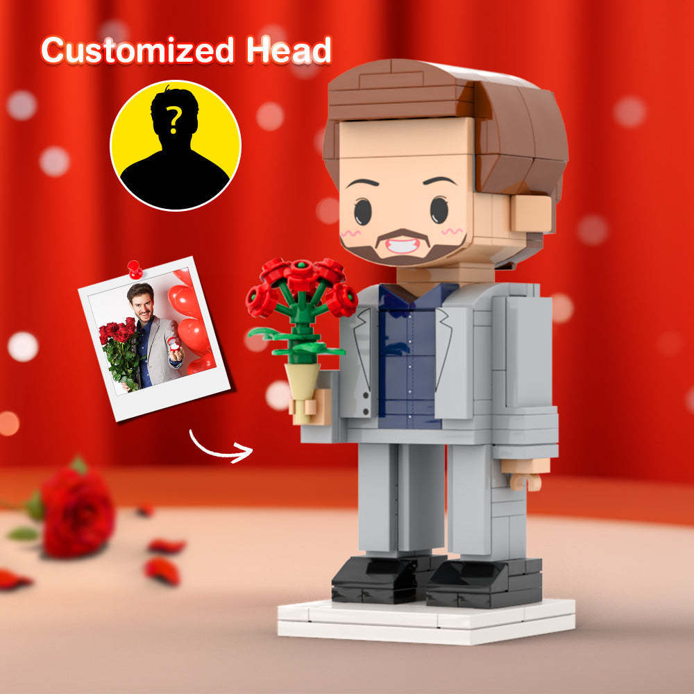 Junge Mit Rose, Valentinstagsgeschenk, Individueller Kopf, Ziegelfiguren, Personalisierte Ziegelfiguren, Kleiner Partikelblock - MyCustomBrickheadz
