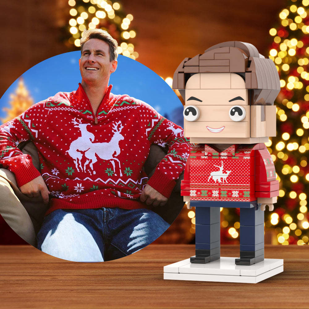 Hässlicher Weihnachtspullover, Ganzkörper, Anpassbar, Für 1 Person, Individuelle Ziegelfiguren, Kleines Partikelblock-spielzeug, Brick Me-figuren, Hässlicher Pullover-junge - MyCustomBrickheadz