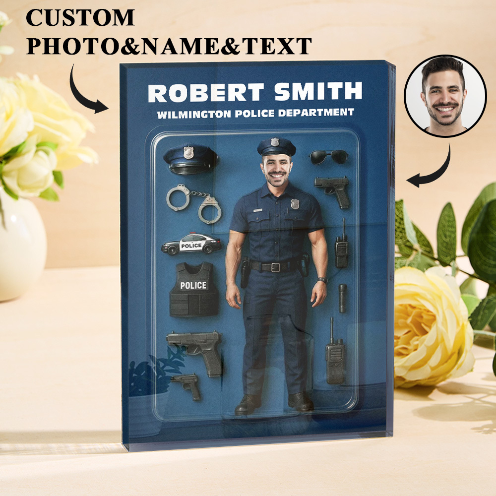 Personalisierte 3d-effekt-polizist Actionfigur Pack Verpackung Benutzerdefinierte Acryl-block-plakette Geschenk Für Polizisten - GiftlabDE