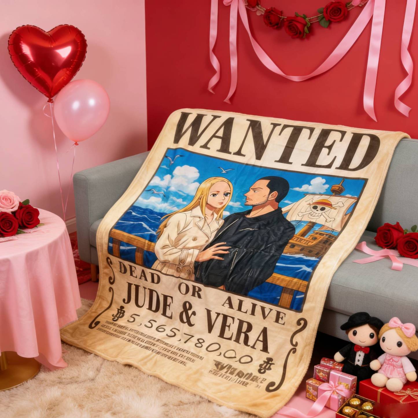Custom Anime Bounty Couple Portrait Blanket Personalized Anime Style Wanted Blanket Portrait Unique Gifts for Couple