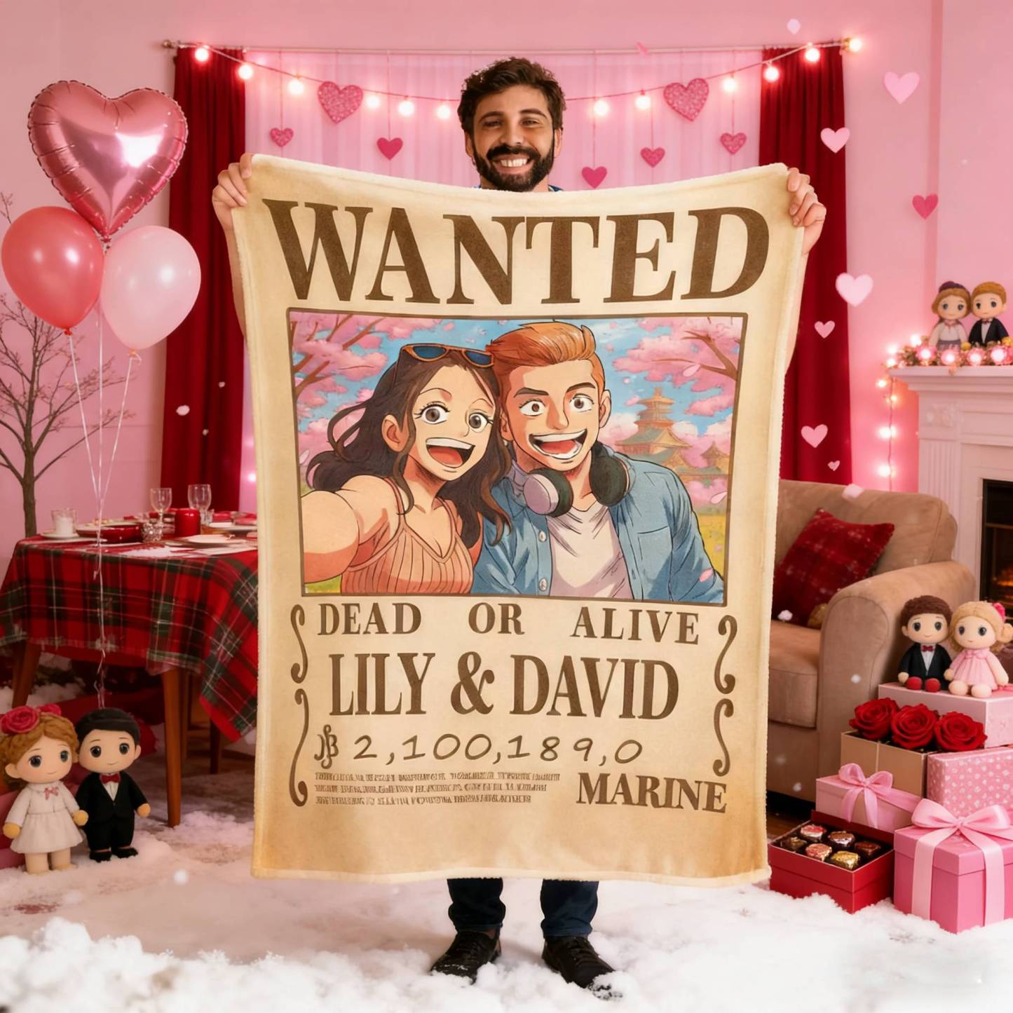 Custom Anime Bounty Couple Portrait Blanket Personalized Anime Style Wanted Blanket Portrait Unique Gifts for Couple