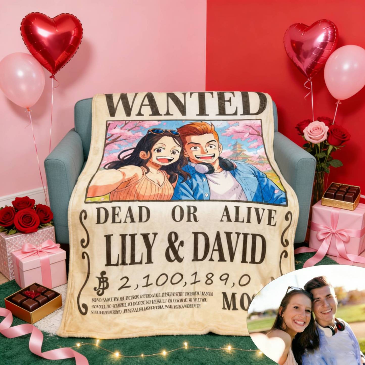 Custom Anime Bounty Couple Portrait Blanket Personalized Anime Style Wanted Blanket Portrait Unique Gifts for Couple