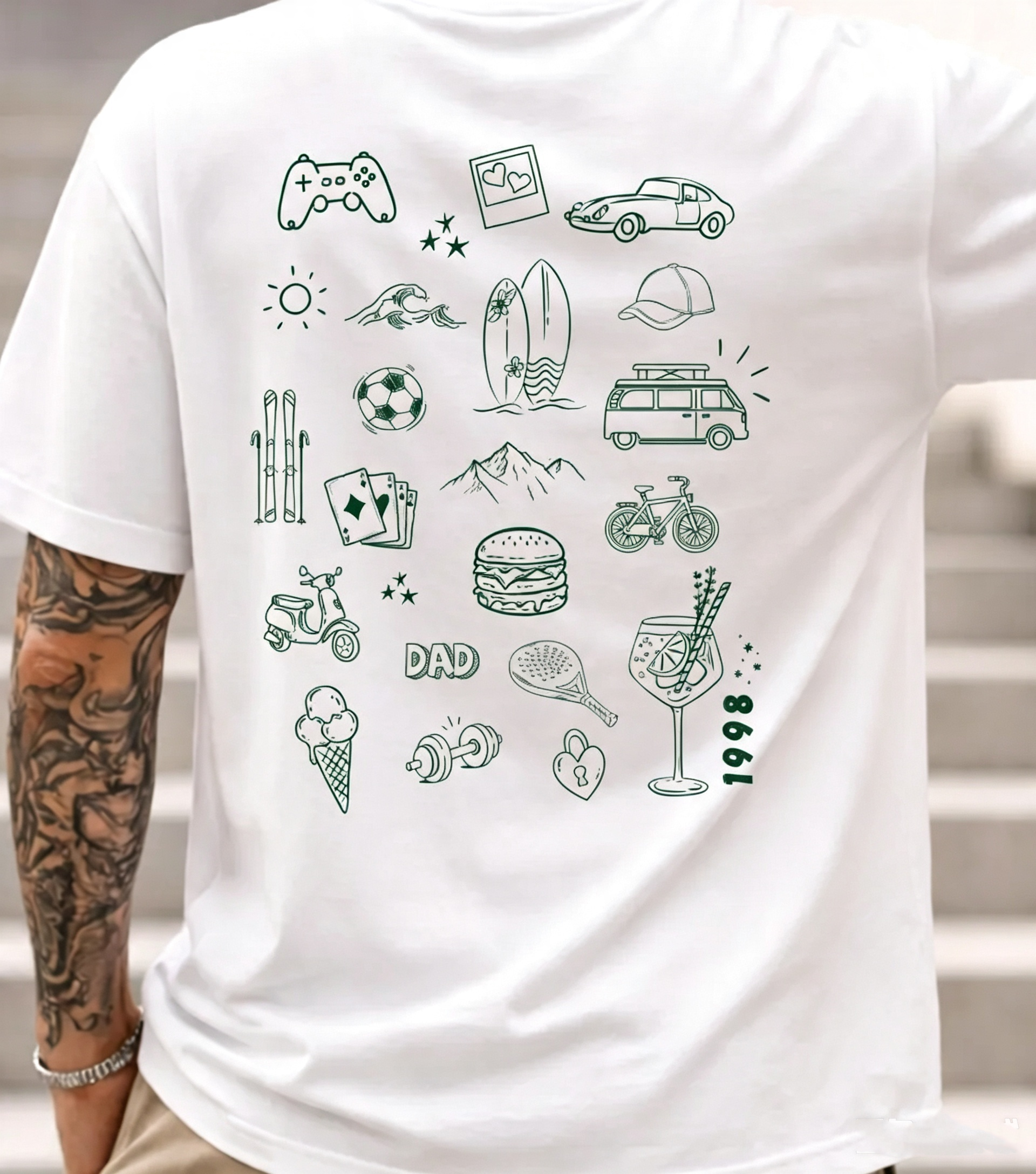 Personalized doodle shirt for dad or boyfriend – Unique gift with hobbies & icons – Birthday gift for men – Custom T-shirt