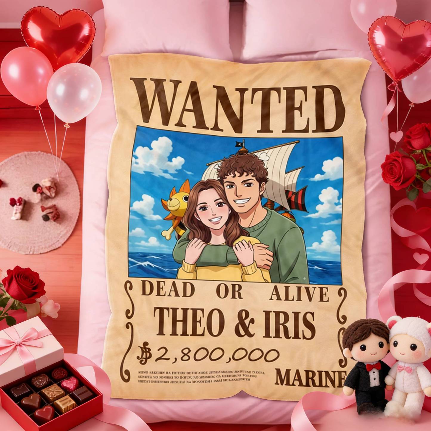 Custom Anime Bounty Couple Portrait Blanket Personalized Anime Style Wanted Blanket Portrait Unique Gifts for Couple