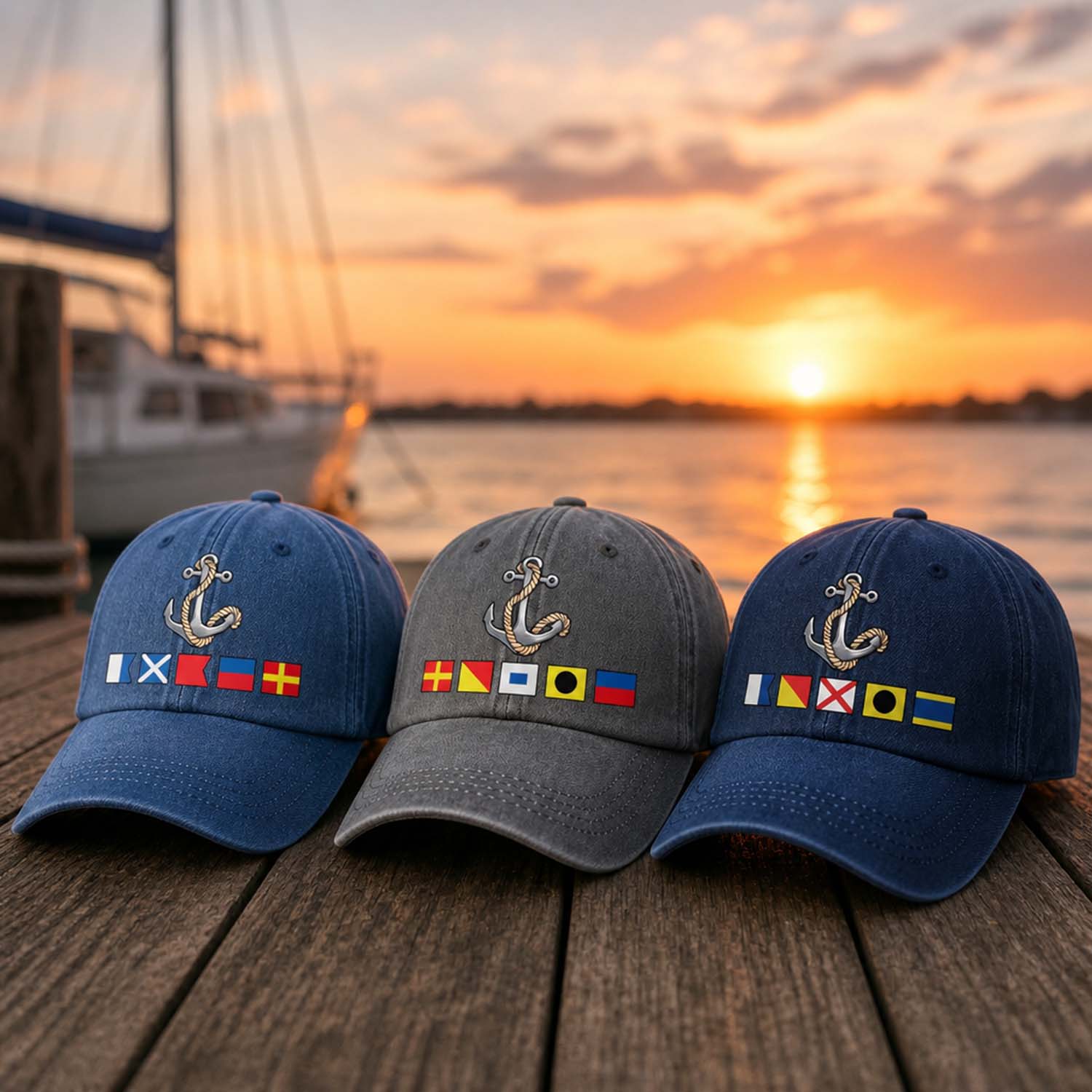 Washed Denim Baseball Cap with Boat Anchor and Nautical Flags - Coastal Style Unique Gift for Sailors and Boat Lovers